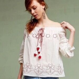 Anthropologie Harlyn Off The Shoulder Embroidered Top M Boho 100% Cotton NEW!
